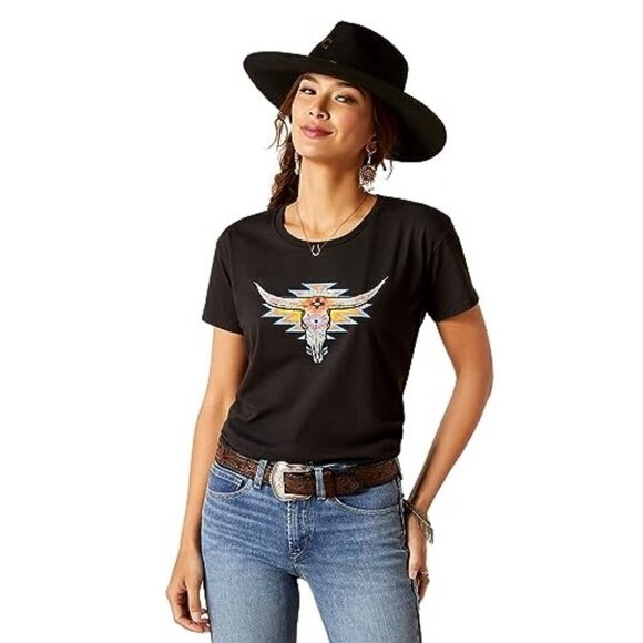 Ariat Women's XXL Short Sleeve Geo Steer Skull Graphic T-Shirt - Black - Picture 1 of 3